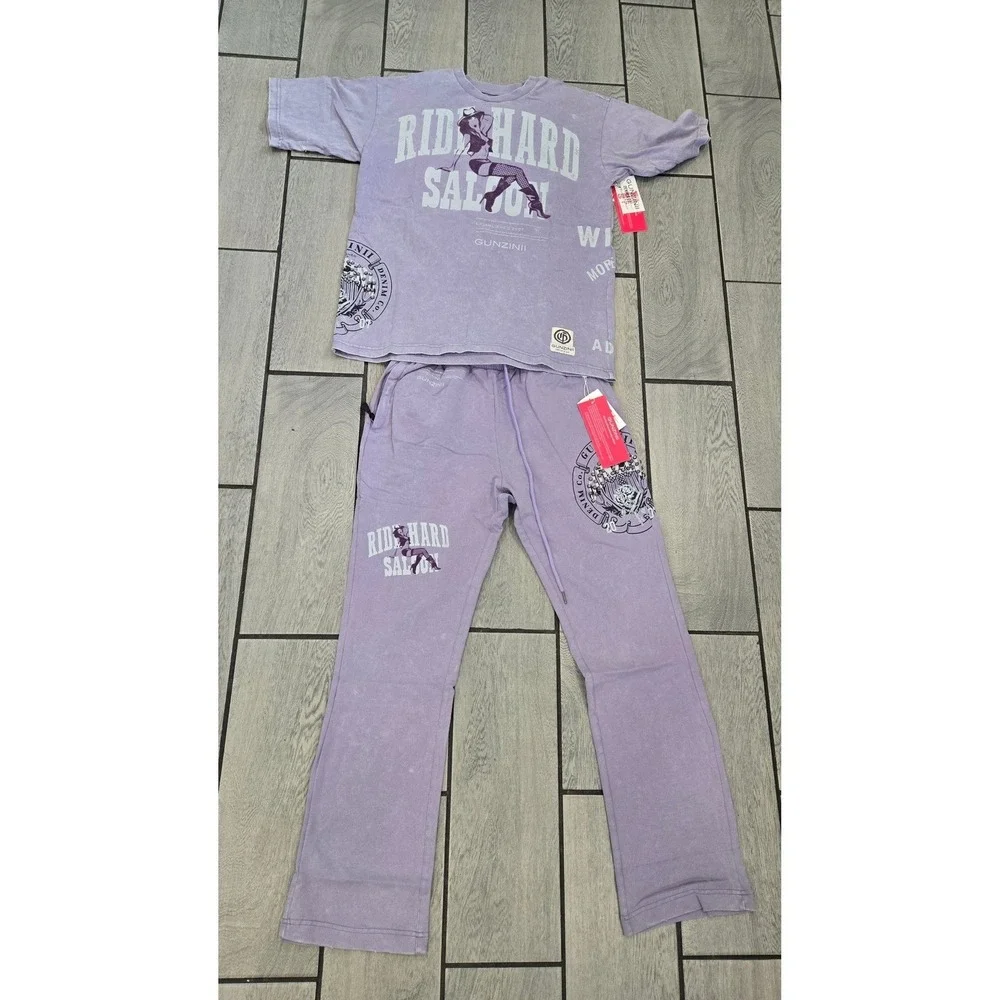 Gunzinii Denim Co Mens Purple Ride Hard Saloon Graphic T-Shirt Sweatpants Set L